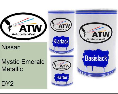 Nissan, Mystic Emerald Metallic, DY2: 500ml Lackdose + 500ml Klarlack + 250ml Härter - Set, von ATW Autoteile West.